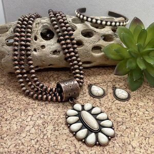Western SQUASH BLOSSOM COPPER BUFFALO NECKLACE EARRING SOUTHWEST Set Bracelet Ne